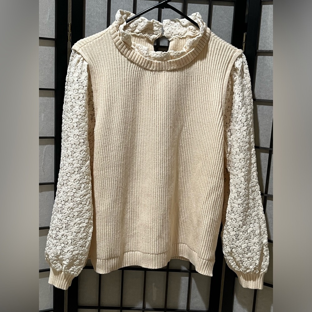 HARPER MAES Cream Floral Lace Sleeve Sweater WOMEN SIZE M - Picture 3 of 12